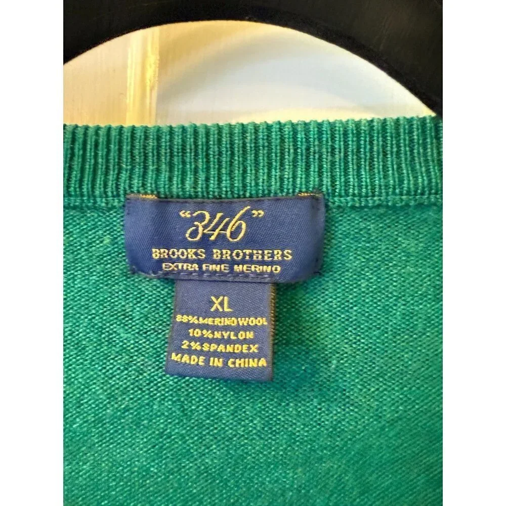 Brooks Brothers 365 Green Extra Fine Merino Wool V-Neck Mens Sweater - XL